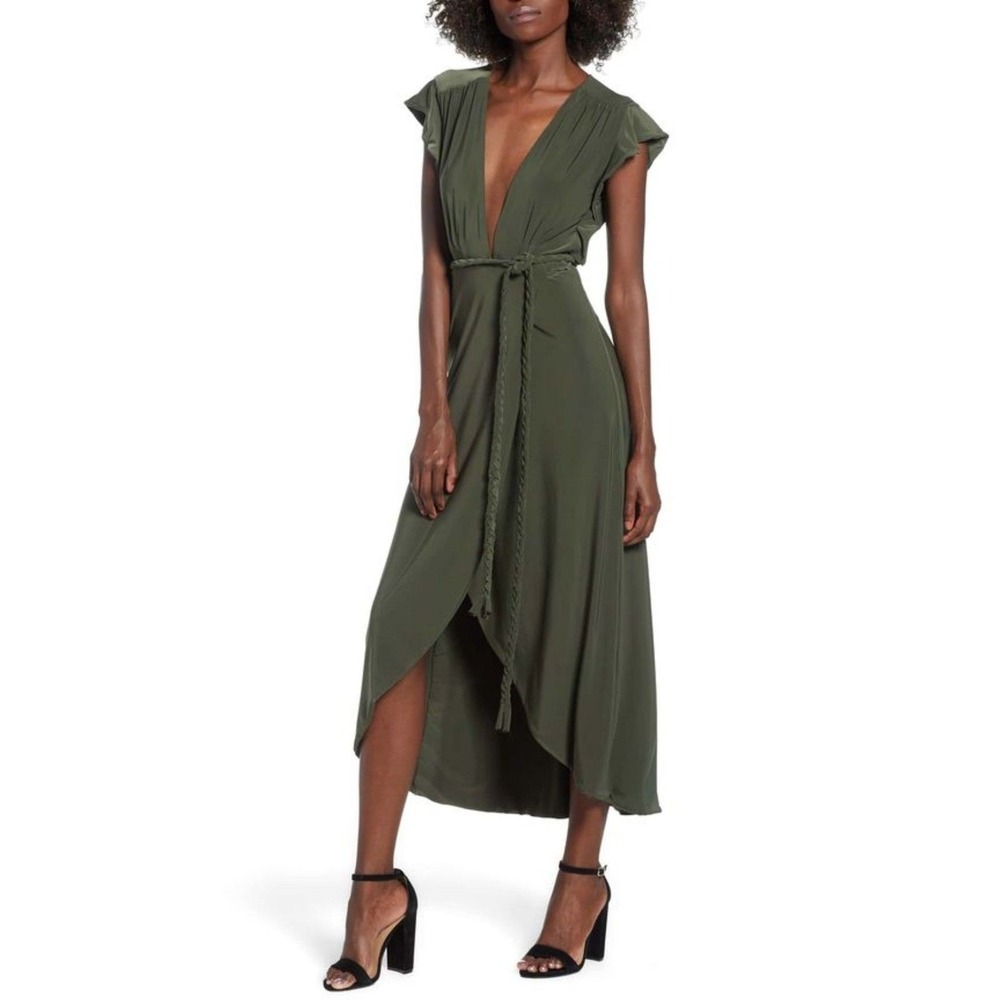 Boho Luxe Olive Green Wrap Maxi Jersey Dress NWT XS Wedding Guest Resort MISA
